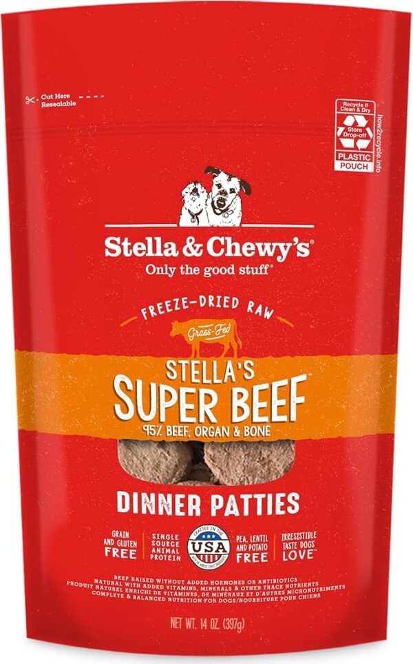 Stella & Chewy's Freeze Dried Raw Dinner Patties – Grain Free Dog Food, Protein Rich Stella’s Super Beef Recipe – 14 oz Bag