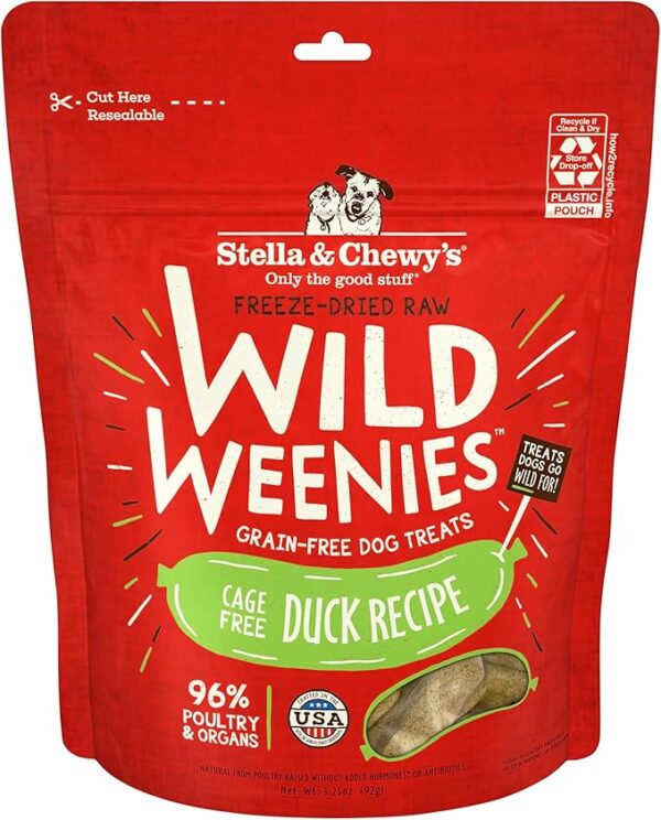 Stella & Chewy's Freeze-Dried Raw Wild Weenies Dog Treats – All-Natural, Protein Rich, Grain Free Dog & Puppy Treat – Great for Training & Rewarding – Cage-Free Duck Recipe – 3.25 oz Bag